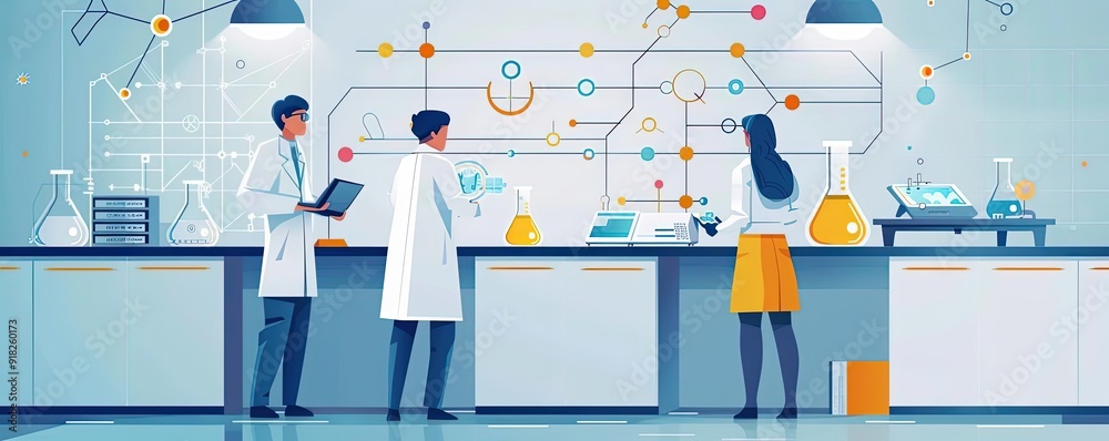 Physics innovations, theoretical research, flat design illustration Physics innovations, theoretical research, flat design illustration