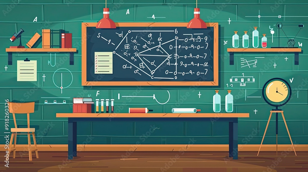 Fototapeta premium Physics equations, chalkboard and formulas, flat design illustration