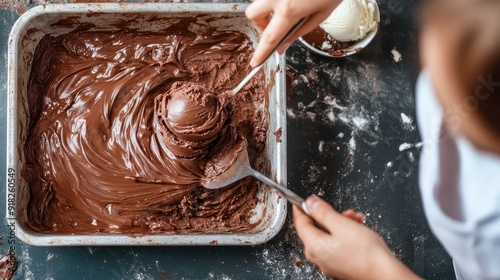 A detailed shot of rich chocolate ice cream being mixed smoothly in a kitchen setting, highlighting the creamy consistency and the delightful process of making a delicious dessert. photo