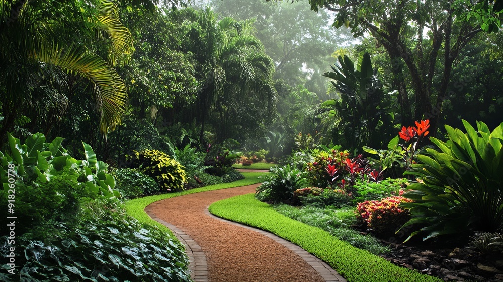Obraz premium tranquil botanical garden scene with diverse plant species, lush greenery, and well-maintained pathways for leisurely walks
