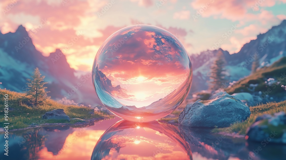 A Dreamlike Reflection of Nature in a Glass Sphere at Sunset A Dreamlike Reflection of Nature in a Glass Sphere at Sunset