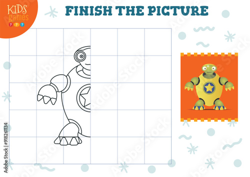 Copy picture vector illustration. Complete and coloring game for preschool and school kids. Cute humanoid robot outline for drawing and education activity