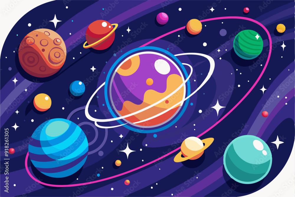 Colorful Planets and Stars in a Dark Blue Space Colorful Planets and Stars in a Dark Blue Space