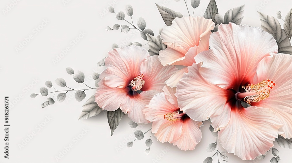 Three pink flowers on a white background with leaves at the bottom Three pink flowers on a white background with leaves at the bottom