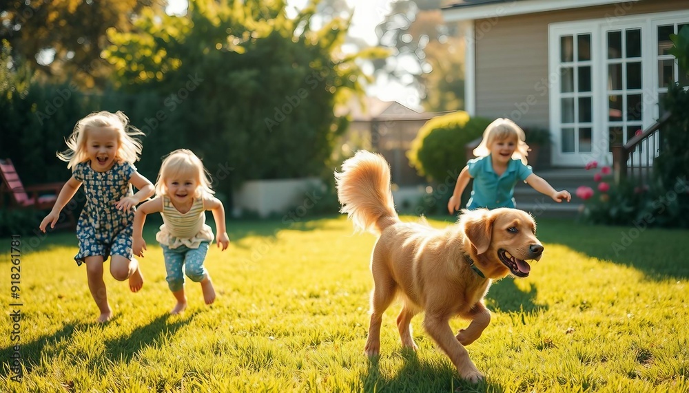 Obraz premium children are chasing the Happy golden retriever running in the garden of the house 
