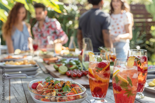 Lively Backyard Barbecue Scene with Friends Enjoying Sangria, Delicious Food, and Beautiful Garden Setting Creating a Festive and Inviting Atmosphere - Use for National Sangria Day