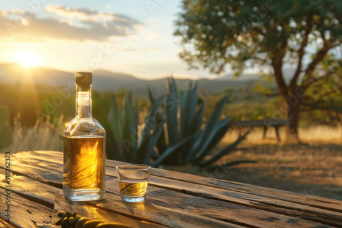 Rustic Outdoor Scene with Bottle of Premium Tequila and Shot Glass on Wooden Table, Agave Plants in the Background Highlighted by the Warm Glow of the Setting Sun - Use for National Tequila Day
