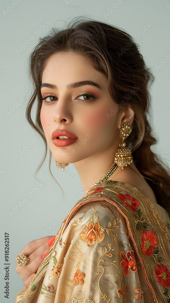 Elegant Indian Woman in Golden Sari with Jewelry Elegant Indian Woman in Golden Sari with Jewelry