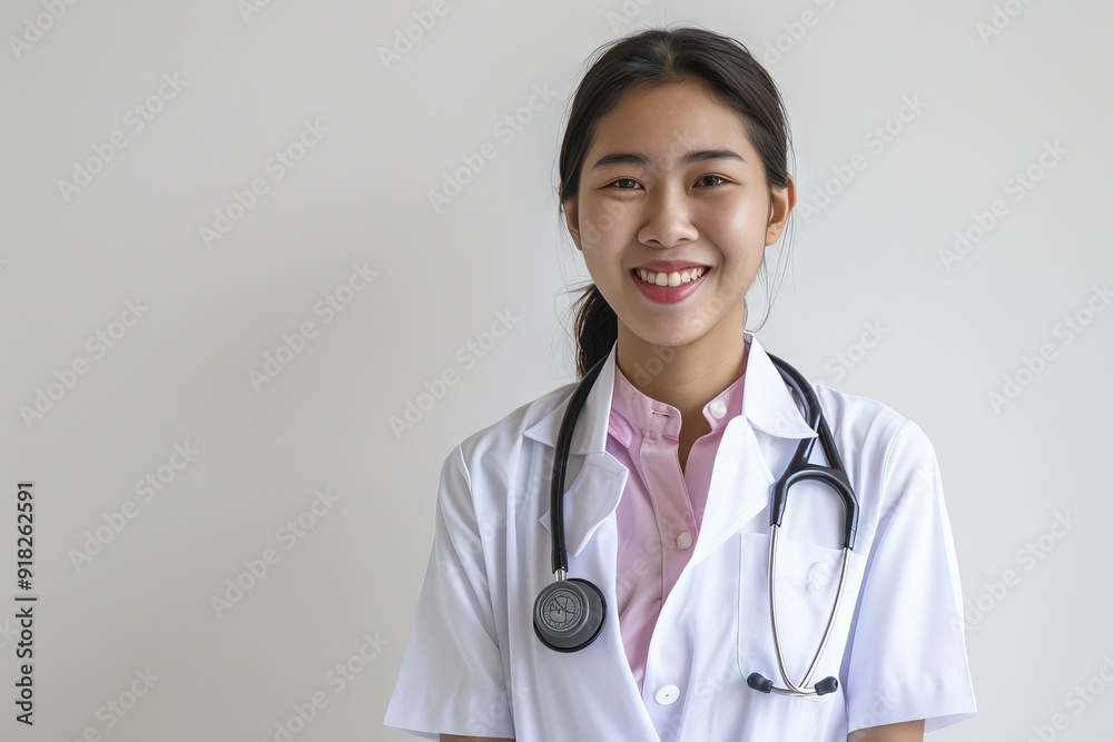 Beautiful Thai lady doctor wearing a white coat with stethoscope Isolated Background Beautiful Thai lady doctor wearing a white coat with stethoscope Isolated Background