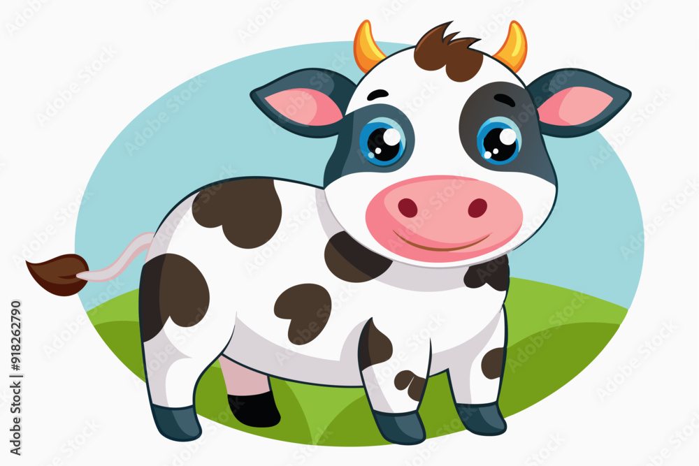 Cartoon Illustration of a Happy Black and White Cow with Horns Cartoon Illustration of a Happy Black and White Cow with Horns