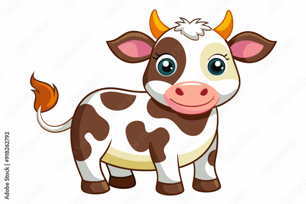 Fototapeta premium Cartoon Illustration of a Brown and White Cow with Orange Horns and Tail