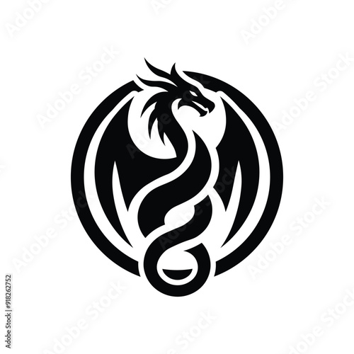 Stylized Black Dragon in Circle logo or icon on White Background