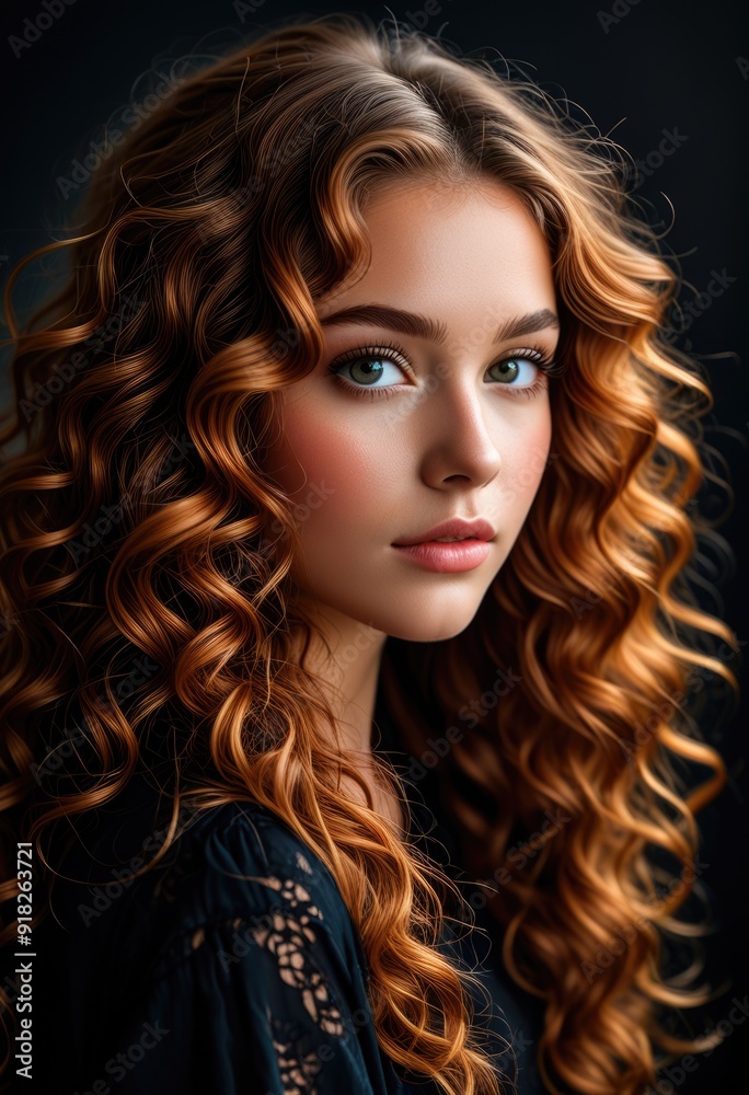 Naklejka premium a close-up portrait of a young beautiful girl with curly red hair.