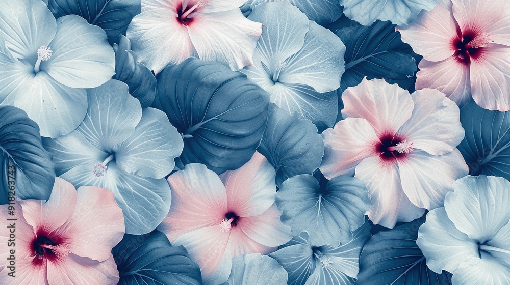 A close-up of a bouquet with pink and white centerpieces, surrounded by blue and pink petals A close-up of a bouquet with pink and white centerpieces, surrounded by blue and pink petals