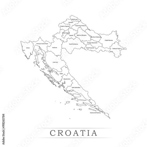 Administrative regions of Croatia. Province, state, division name with white map with black outline. Vector illustration