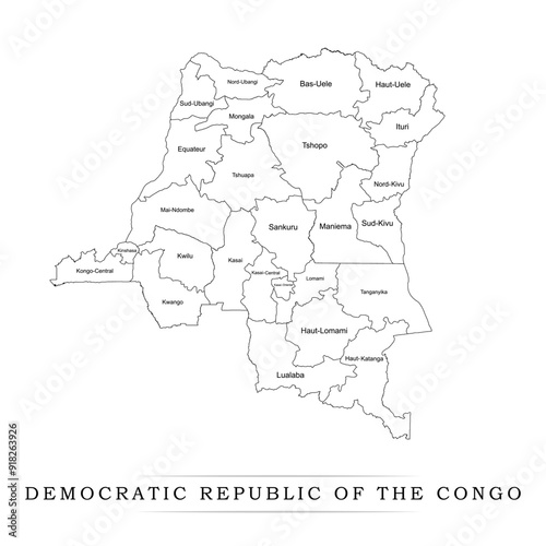 Administrative regions of Democratic Republic of the Congo. Province, state, division name with white map with black outline. Vector illustration