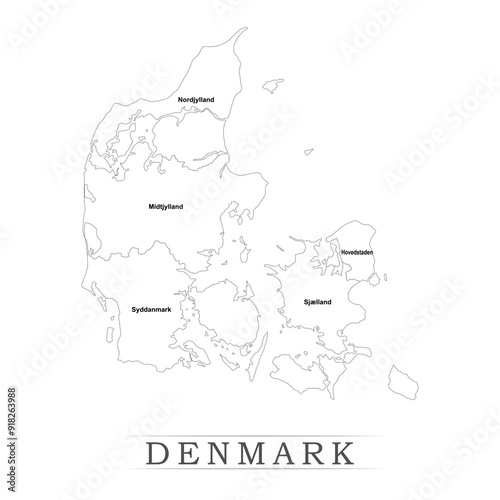 Administrative regions of Denmark. Province, state, division name with white map with black outline. Vector illustration