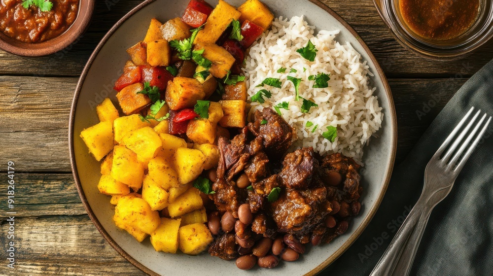 A beautifully plated traditional Dominican food, captured from the perspective of a famous food photographer A beautifully plated traditional Dominican food, captured from the perspective of a famous food photographer
