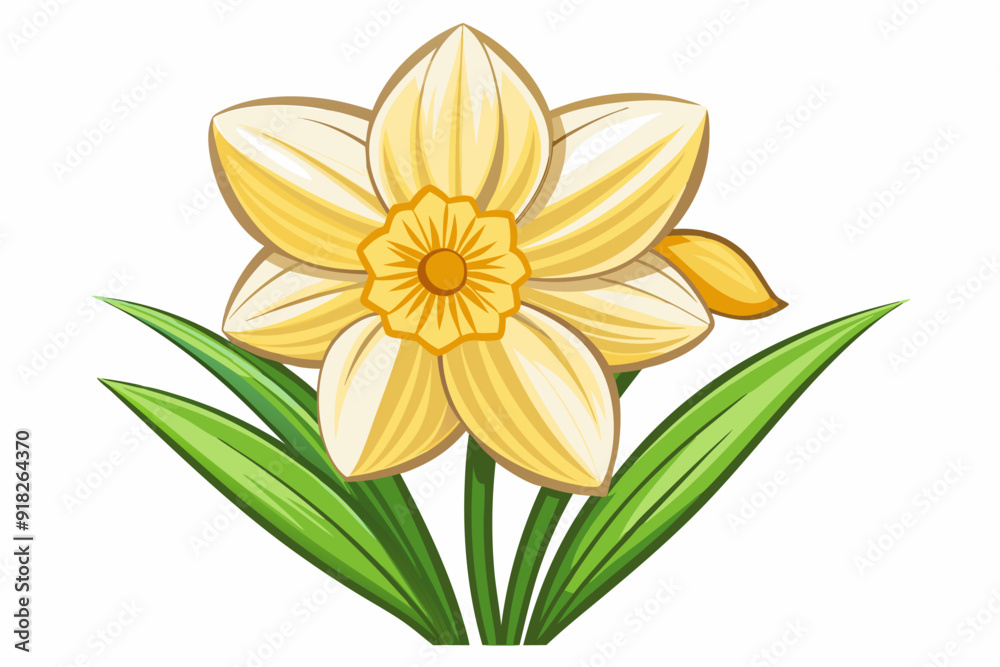 Fototapeta premium A Single Yellow Daffodil Flower with Green Leaves