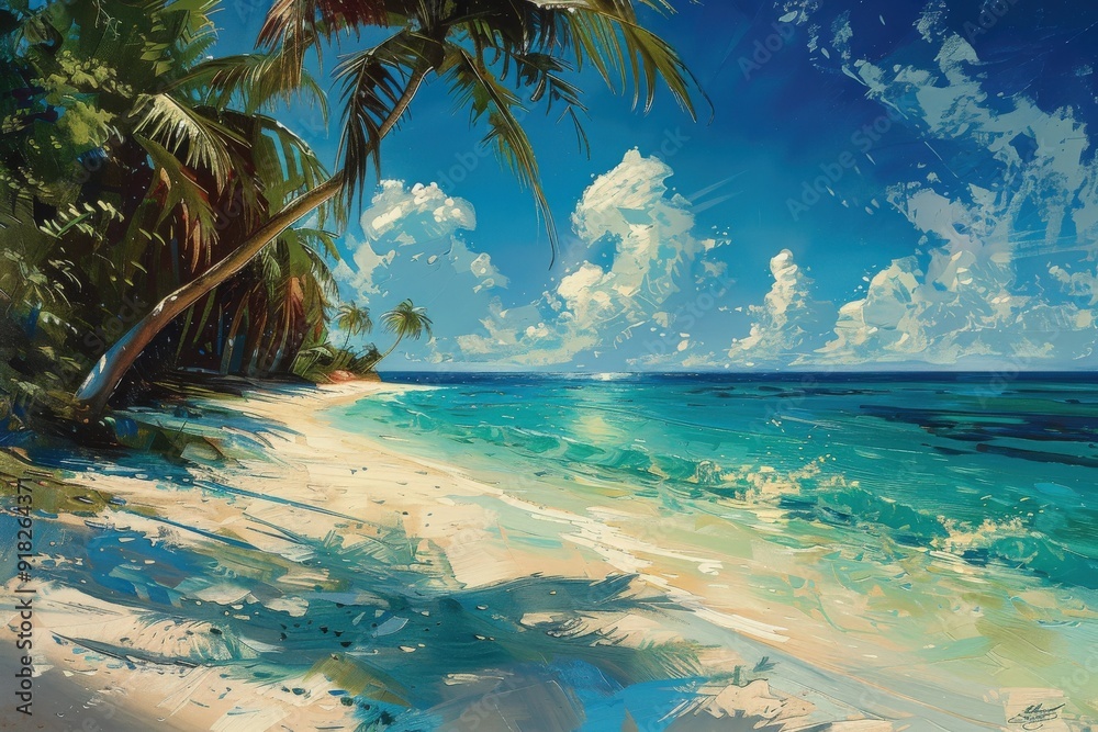 Fototapeta premium Lush palm trees lean over a white sand beach and turquoise ocean waves under a bright blue sky with fluffy clouds in a vibrant painting.