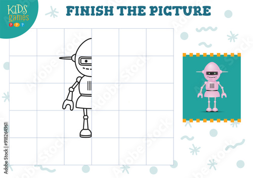 Copy picture vector illustration. Complete and coloring game for preschool and school kids. Cute alien or robot outline for drawing and education activity