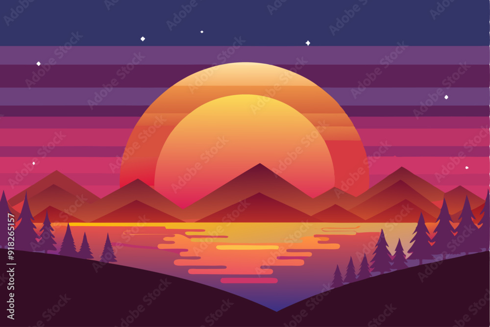 Sunset over Mountainous Landscape with Silhouetted Pine Trees Sunset over Mountainous Landscape with Silhouetted Pine Trees