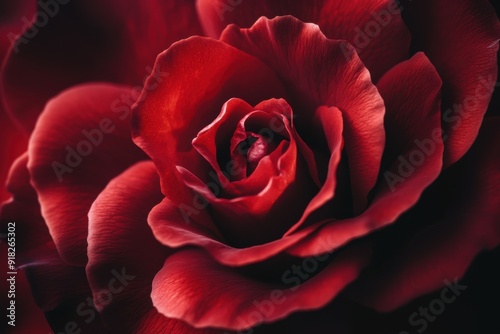 An up-close shot of a blooming red rose with intricate petal details photo