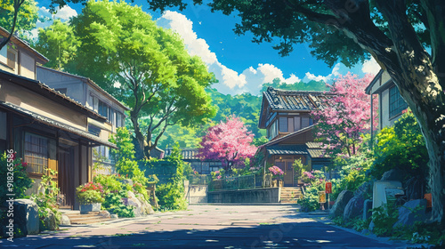 Anime Illustration of a peaceful Japanese village street with traditional houses, lush greenery, and vibrant cherry blossoms under a bright blue sky