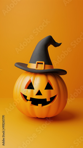 3D pumpkin with a witch hat on an orange background, featuring a minimalistic Halloween design in sharp, high detail.