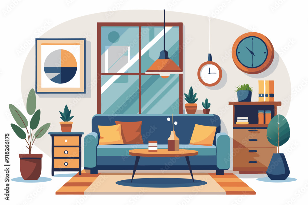 Fototapeta premium Modern Living Room Interior with Blue Sofa and Decorative Elements
