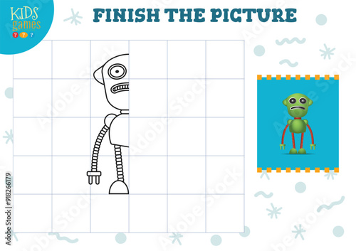 Copy picture vector illustration. Complete and coloring game for preschool and school kids. Cute little robot for drawing and learning activity