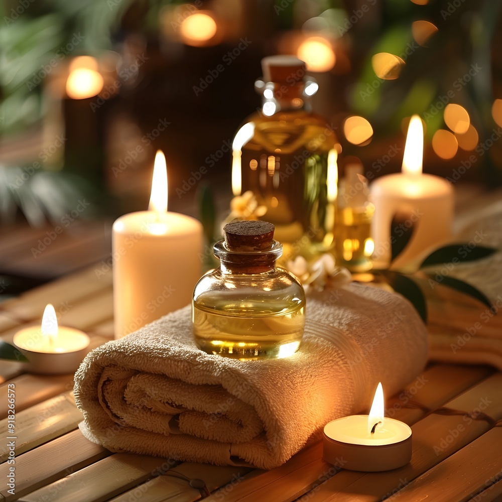 Soothing Spa Scene with Aromatic Massage Oils and Calming Candles for Relaxation and Wellness Soothing Spa Scene with Aromatic Massage Oils and Calming Candles for Relaxation and Wellness