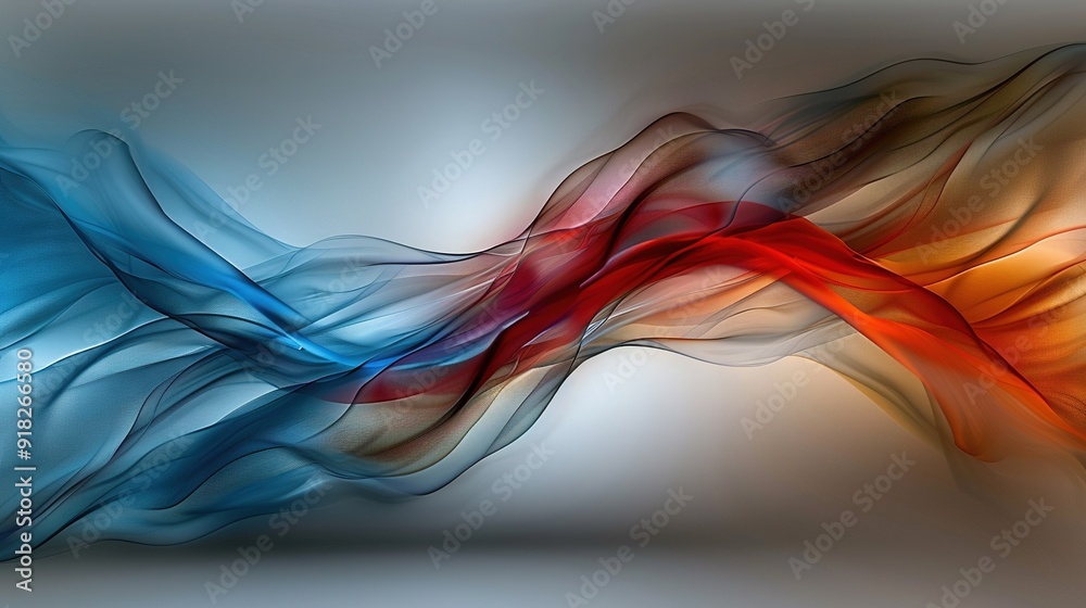 An abstract painting featuring shades of blue, orange, and red in wave-like patterns against a gray background, providing space for text or additional imagery An abstract painting featuring shades of blue, orange, and red in wave-like patterns against a gray background, providing space for text or additional imagery