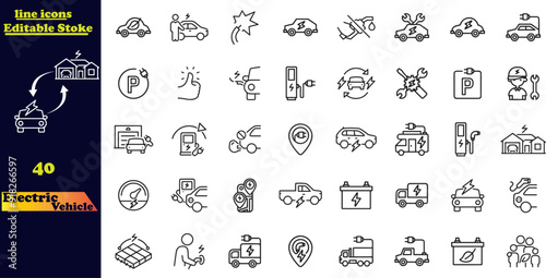 Set of vector line icons related to electric cars and eco transport.  Containing electric car, charging station, battery, EV charging, e-bike, hybrid, e-car, electric scooter and power.