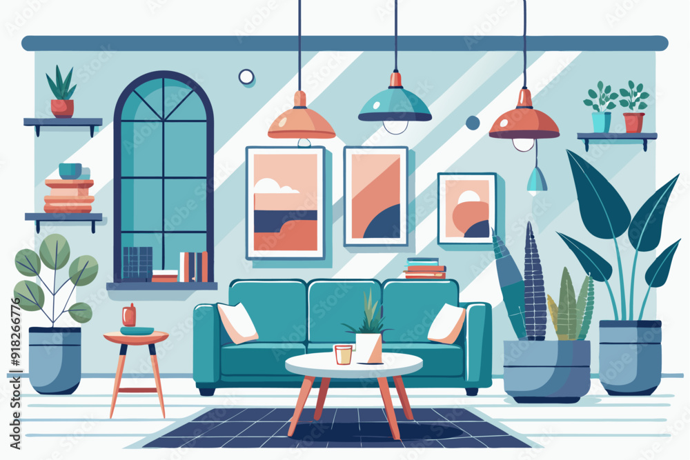 Modern Living Room with Green Sofa and Plants Modern Living Room with Green Sofa and Plants