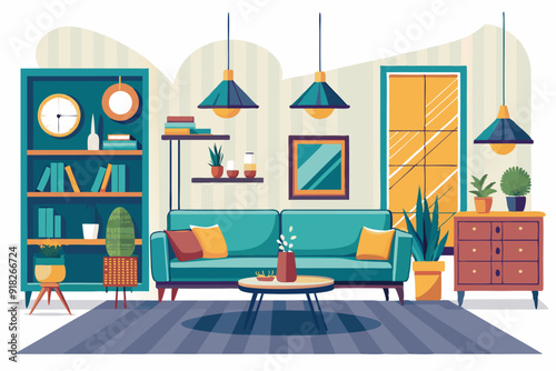Modern Living Room Interior with Green Sofa and Accents