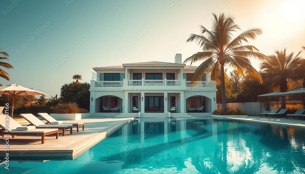Fototapeta premium A two-story villa with many rooms and a pool, featuring a luxurious and spacious design.