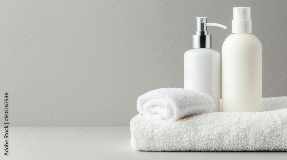 Spa Products with White Towel on Neutral Background Spa Products with White Towel on Neutral Background