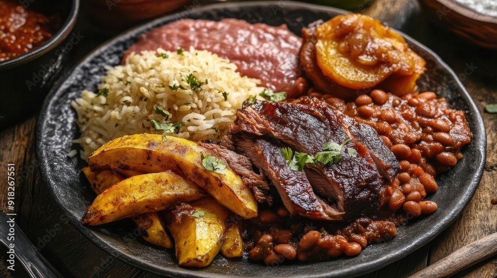A beautifully plated traditional Dominican food, captured from the perspective of a famous food photographer