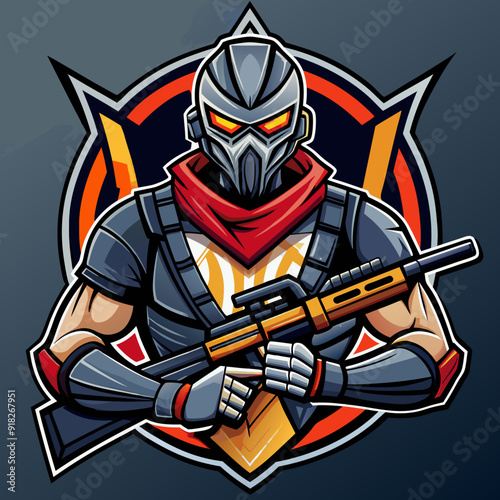 Warrior soldier with a machine gun in a mask mascot for sports and esports vector logo