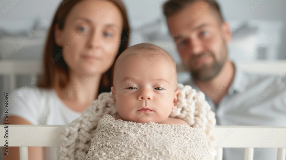 Loving Parents Admiring Newborn Baby in Cozy Nursery, Softly Wrapped in a Blanket Loving Parents Admiring Newborn Baby in Cozy Nursery, Softly Wrapped in a Blanket
