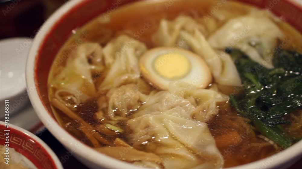 Ramen chinese japanese style noodle soup wonton and dumpling and shashu rice Ramen chinese japanese style noodle soup wonton and dumpling and shashu rice