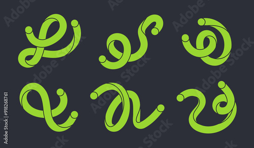 Abstract scribble twisted lines. Colorful green shapes, funny minimalist style scribbles flat vector illustration set. Hand drawn comic scribble shapes