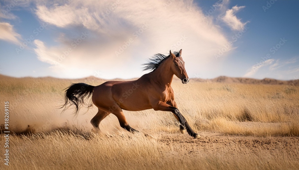 Fototapeta premium A brown and black horse stands on hind legs in a snow-covered field, trees in the background