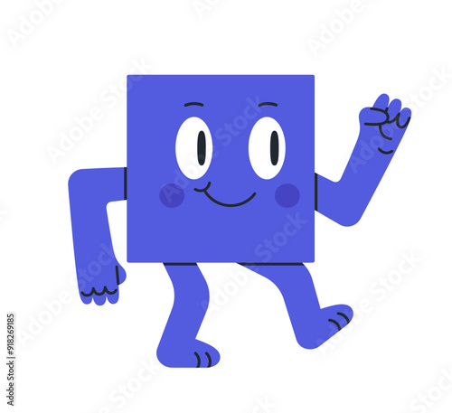 Funny square character. Geometric square mascot, cute comic square shape with facial emotions flat vector illustration. Square mascot with humorous face