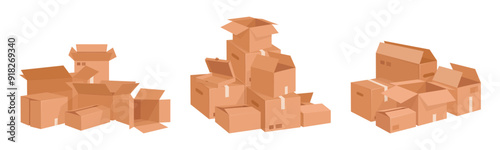 Hand drawn cardboard boxes. Stacked boxes piles, cargo warehouse box stack, delivery or moving containers flat vector illustration set. Cartoon boxes collection