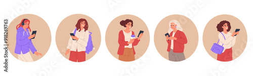 Women holding smartphones. Girls chatting or surfing internet, female characters texting or watching video content flat vector illustration set. Ladies using smartphones