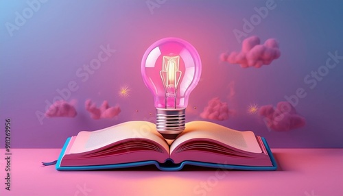 An open book with a glowing pink light bulb above it, symbolizing creativity and inspiration in a dreamy setting.