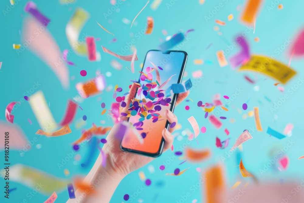 Celebration Concept with Smartphone in Hand and Colorful Confetti | Design for Print, Card, Poster Celebration Concept with Smartphone in Hand and Colorful Confetti | Design for Print, Card, Poster