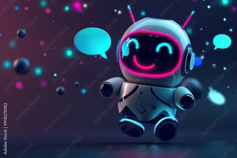 Fototapeta premium Friendly white chatbot robot with glowing neon face smiles in a dark digital space with floating speech bubbles representing AI communication.
